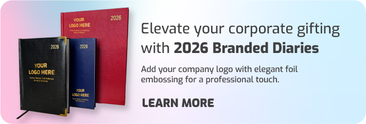 Branded Corporate Diaries for 2026 Foid emboss Diaries Gold Foil company logo